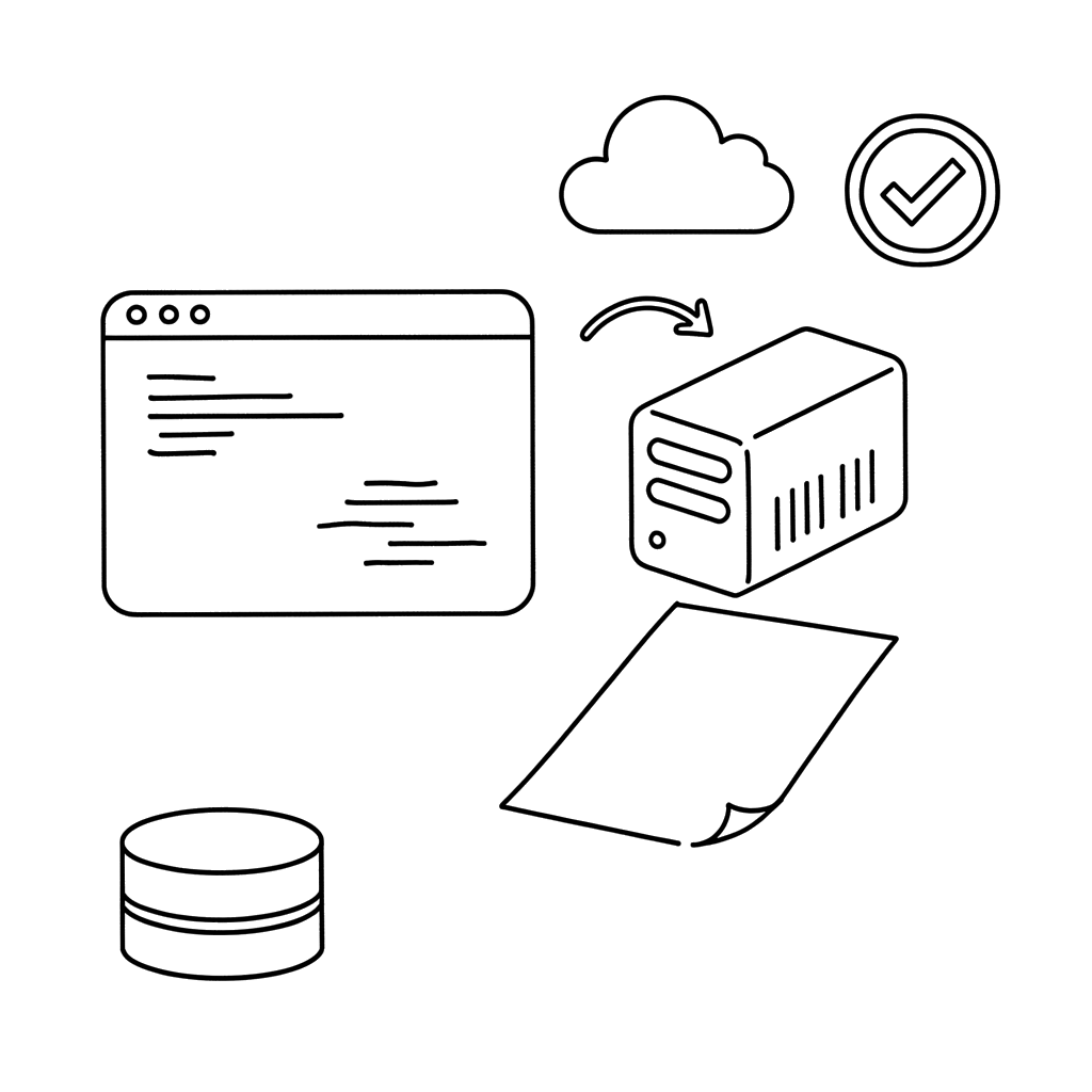 Hand-drawn sketch: a terminal window deploying to a small server machine, next to a database cylinder, a cloud and a checkmark